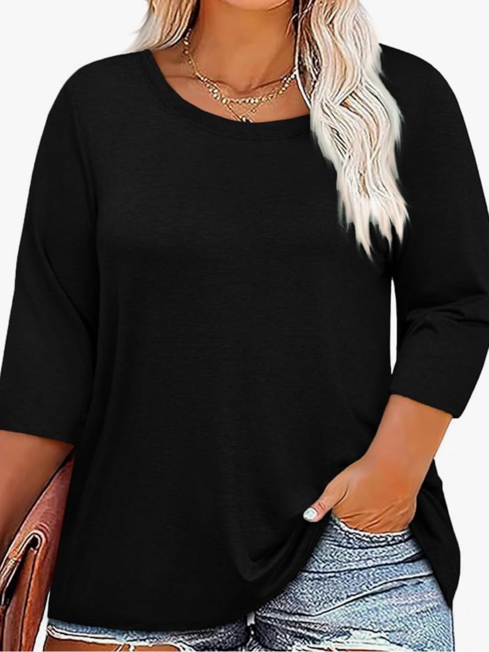 Classic Black Women's Scoop Neck 3/4 Sleeve Top Size XL